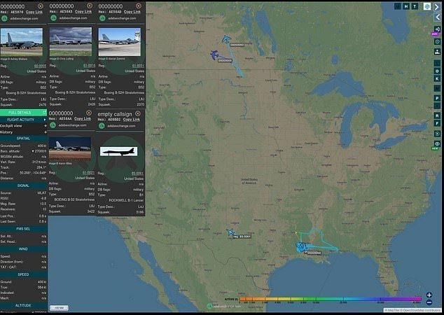 Uçuş takip verileri ayrıca B-52 bombardıman uçaklarının Kuzey Dakota'daki Minot bölgesinden kuzeye, Kanada'ya doğru uzantısını, diğerlerinin ise Louisiana ve Mississippi üzerinden döngüsel rotaların izlenişini gösterdi.