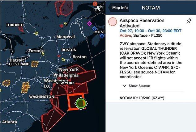 Havacılık duyurularında, Global Thunder ile bağlantılı olabileceği düşünülen Atlantik, Pasifik ve Florida'nın bazı bölgelerinde geçici hava sahası rezervasyonları belirtildi.