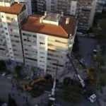 Depremde ilk 3 katı çöküp yan yatan bina, vinçlerle desteklendi