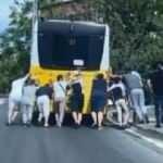 Rampada arıza yapan İETT otobüsünü yolcular böyle itti!