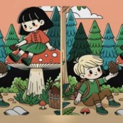 Ormanda kozalak toplayan çocuklara ait iki resim arasındaki 3 farkı 15 saniyede bulabilir misin?