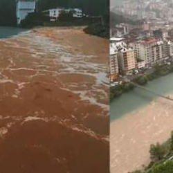 Artvin'deki şiddetli yağış sonrası &Ccedil;oruh Nehri b&ouml;yle g&ouml;r&uuml;nt&uuml;lendi