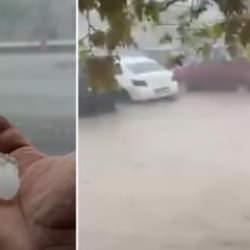 Biga'da inanılmaz g&ouml;r&uuml;nt&uuml;! Ceviz b&uuml;y&uuml;kl&uuml;ğ&uuml;nde dolu yağdı