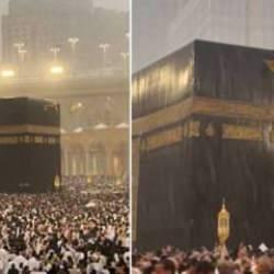 Mekke'ye rahmet yağmuru! Kabe-i Muazzama'da b&uuml;y&uuml;leyici g&ouml;r&uuml;nt&uuml;ler