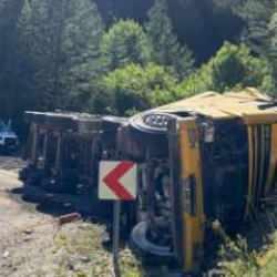 Virajı alamayan talaş y&uuml;kl&uuml; tır devrildi: 2 yaralı