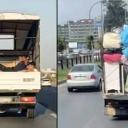 Trafikte tehlike anlar! Biri kamyonete kendini iple bağladı, diğeri hamak keyfi yaptı