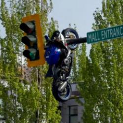 Kanada'da kazaya karışan motosiklet trafik lambasında asılı kaldı