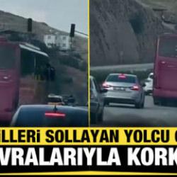 Hatay'da kornaya basarak otomobilleri sollayan yolcu otob&uuml;s&uuml;, manevralarıyla korkuttu