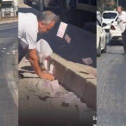 Para dolu &ccedil;uval patlayınca trafikte ilgin&ccedil; anlar ortaya &ccedil;ıktı