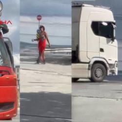 Hadımk&ouml;y'de yoldan ge&ccedil;en ara&ccedil;lara taş atan kadın trafiği alt&uuml;st etti