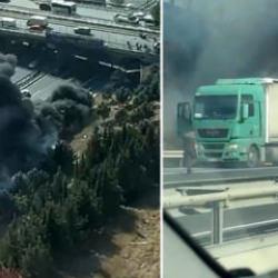 TEM Otoyolu kilit: Seyir halindeki tır alev alev yandı
