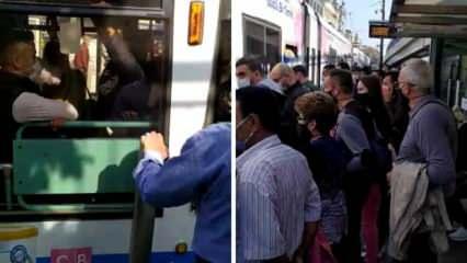 İstanbul'da tramvay durağında aşırı yoğunluk!