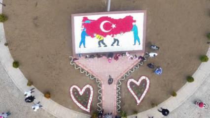Bin çocuk 10 bin taşla 'Türkiye haritasını sırtlayan sağlık çalışanları mozaiği' yaptı!