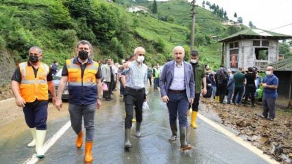 Bakan Karaismailoğlu, sel felaketinin etkilenen Güneysu'da incelemelerde bulundu