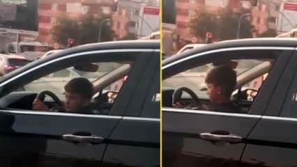 İstanbul trafiğinde akılalmaz görüntü!  9 yaşındaki çocuğunu direksiyona geçirdi