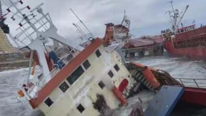 Kartal'da lodos nedeniyle bir gemi batarken, bir gemi de yan yattı; batma anı kamerada