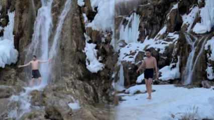 Erzincan’da doğa sevdalısı İskandinavlara özendi, buz gibi şelalenin altına girdi   