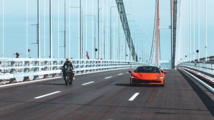 Çanakkale Köprüsü'nde Kawasaki-Ferrari yarışı! Nefes kesen görüntüler