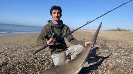 Antalya'da bir genç, oltasına takılan köpek balığını denize bıraktı 