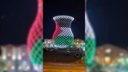 Rize'de 29 metrelik çay bardağı Filistin bayrağının renkleriyle ışıklandırıldı