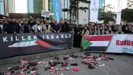 TÜGVA'lı gençler İsrail Başkonsolosluğu önüne çocuk ayakkabısı bıraktı