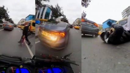 Motosiklet sürücüsü önce yayaya sonra otomobile çarptı!