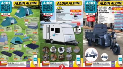A101 Aktüel 3 Mayıs 2024 Kataloğu Yayınlandı! Çekme karavan, 4 kişilik çadır, uyku tulumu, kamp sandalyesi