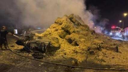 Adana'da saman yüklü TIR yandı