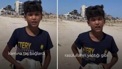 Gazzeli çocuk Hz. Muhammed (S.A.S) gibi karnına taş bağladı
