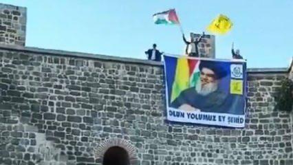 Diyarbakır'da tarihi surlara, Hasan Nasrallah’ın posteri asıldı