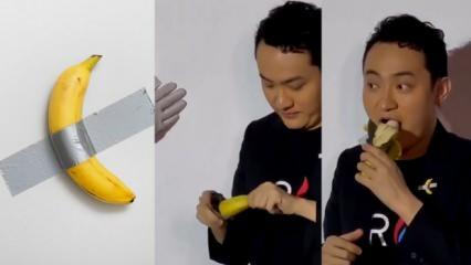 Justin Sun, 6.2 milyon dolara satın aldığı duvara bantlı muz eserindeki muzu yedi