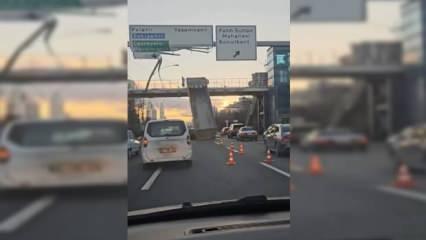 Ankara'da açık unutulan kamyonun damperi levhaya ve üst geçide çarptı