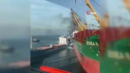 Gemlik'te limandan çıkan gemi başka bir gemiye çarptı, O anlar kamerada