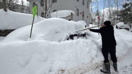 Köyde kar kalınlığı 2 metre! Araçlarını bulmak için çubuklu önlem