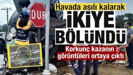 Havada asılı kalarak ikiye bölündü! Korkunç kazanın görüntüleri ortaya çıktı