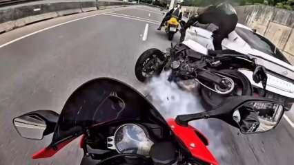 Kocaeli'de korkutan kaza kask kamerasında! 3 motosikletli yola savruldu