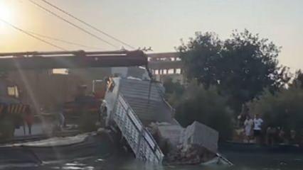Mersin'de korkutan kaza: Freni patladı, sulama kanalına düştü!