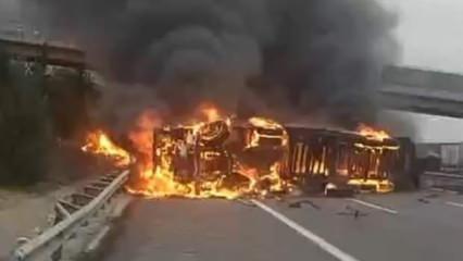 Mersin’de devrilen tır alevlere teslim oldu