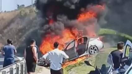 Ümraniye'de kaza yapan otomobil alevlere teslim oldu