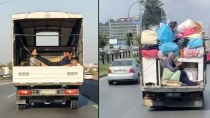 Trafikte tehlike anlar! Biri kamyonete kendini iple bağladı, diğeri hamak keyfi yaptı