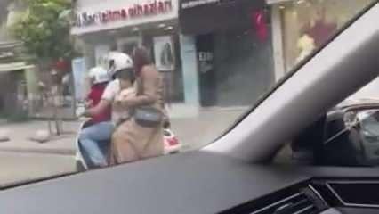 Trafikte şoke eden görüntü: Seyir haldeki motosiklette 4 kişi!