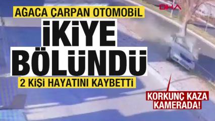 Ağaca çarpan otomobil ikiye bölündü: 2 ölü 1 yaralı! Korkunç kaza kamerada!