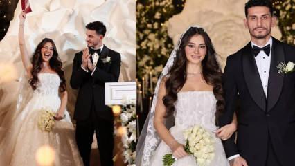 Samet Akaydın ve Hazal &Ccedil;ağlar d&uuml;nyaevine girdi! G&ouml;rkemli d&uuml;ğ&uuml;ne futbolcular akın etti