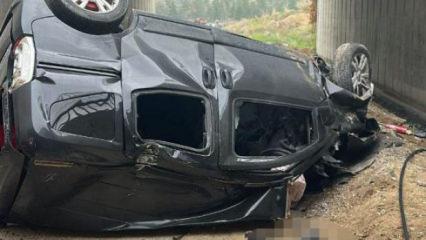 Feci kaza: Ara&ccedil; otoyol k&ouml;pr&uuml;s&uuml;nden d&uuml;şt&uuml;: 2 &ouml;l&uuml;, 3 yaralı