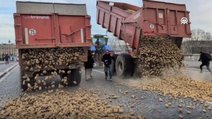 Fransız &ccedil;ift&ccedil;iler Meclis binasının &ouml;n&uuml;ne 30 ton patates d&ouml;kt&uuml;