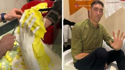 "D&uuml;nyanın en uzun adamı" Sultan K&ouml;sen'in ellerinin kalıbı alındı!