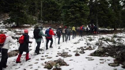 Kar yağışıyla beyaza b&uuml;r&uuml;nen Armutoluğu Yaylası dağcılık tutkunlarını ağırlıyor