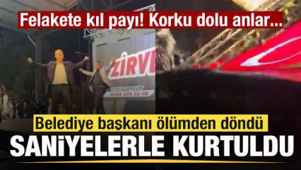 Sahne &ccedil;&ouml;kt&uuml;! Belediye başkanı saniyelerle kurtuldu