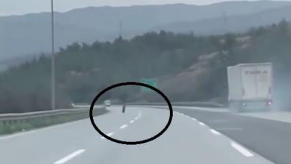 Tırdan fırlayan lastik otobanda y&uuml;zlerce metre ilerledi