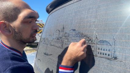 Fır&ccedil;a yok, tuval yok... Sanatını tozlu camlarda konuşturuyor! G&ouml;renler hayran kalıyor